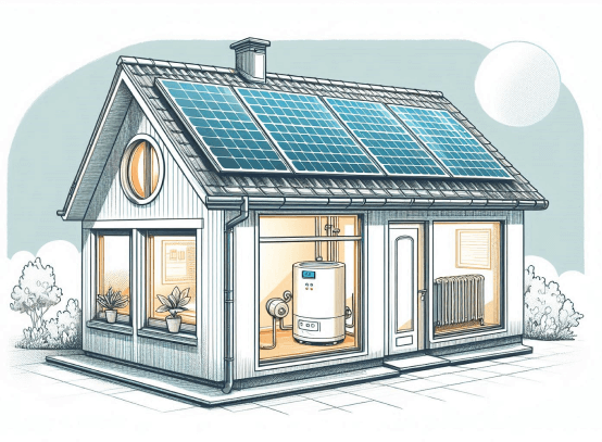 Maison équipée de panneaux solaires et d'un système de chauffage